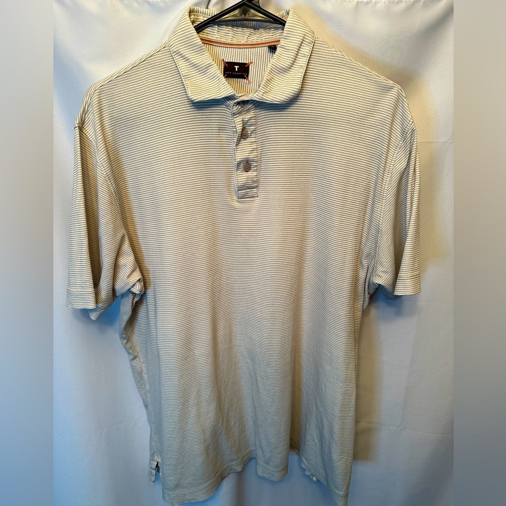 Left Coast Tee Mens Large Tan White‎ Striped Polo Shirt Soft Touch 100% Cotton